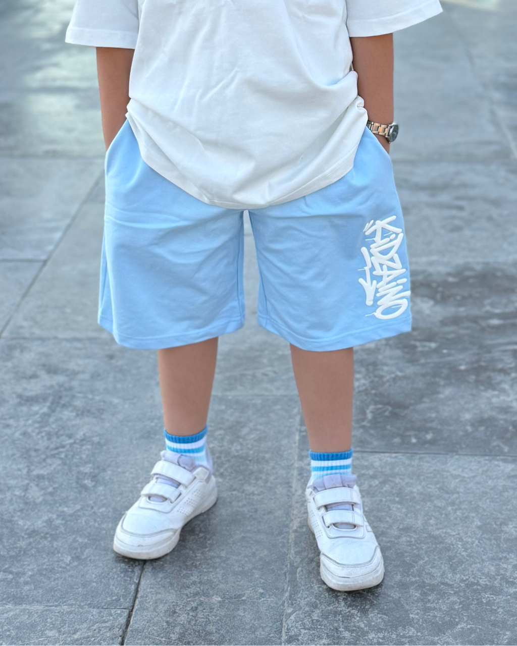 The KIDZAINO Shorts Street Style Baby Blue N White